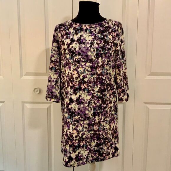 H&M Black Purple Splatter Floral Print Shift Dress Medium - Picture 2 of 12